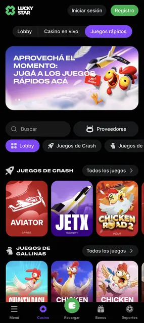 Sección de juegos de crash y de gallinas en la versión móvil de Lucky Star